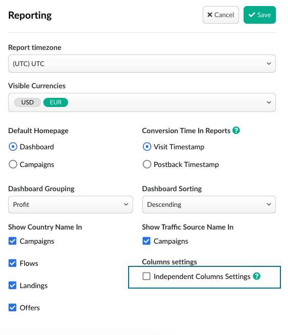 independent columns settings