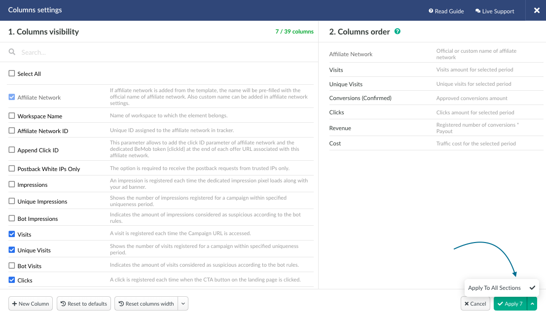 independent columns settings